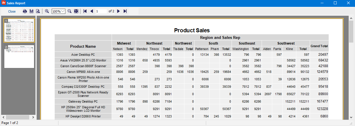 Preview window showing 2 pages of output, populated with data from the report query.